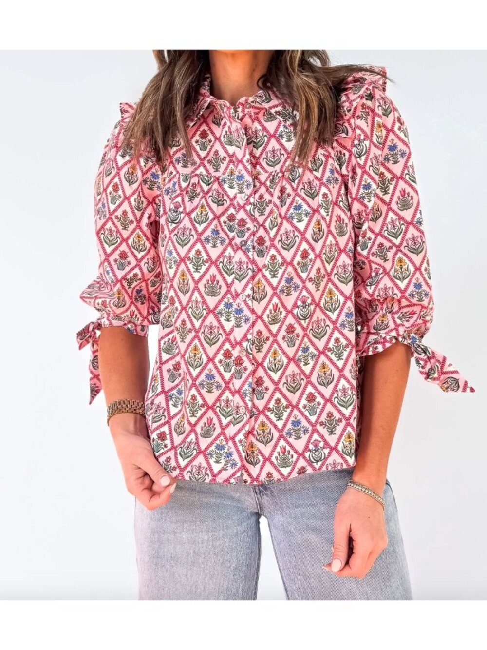 Avara Pink Diamond Pattern Floral Collared Short Sleeve Top Size L Cottagecore